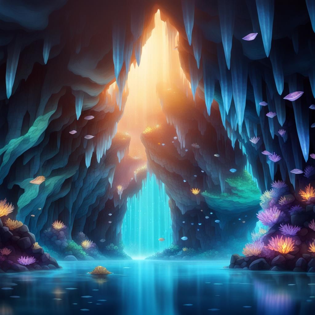 Underwater Crystal Cave with Glowing Crystals