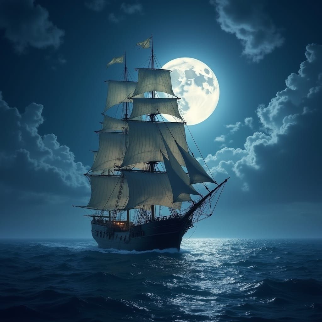 Serenely Majestic Tall Ship Sails Under Full Moonlit Night