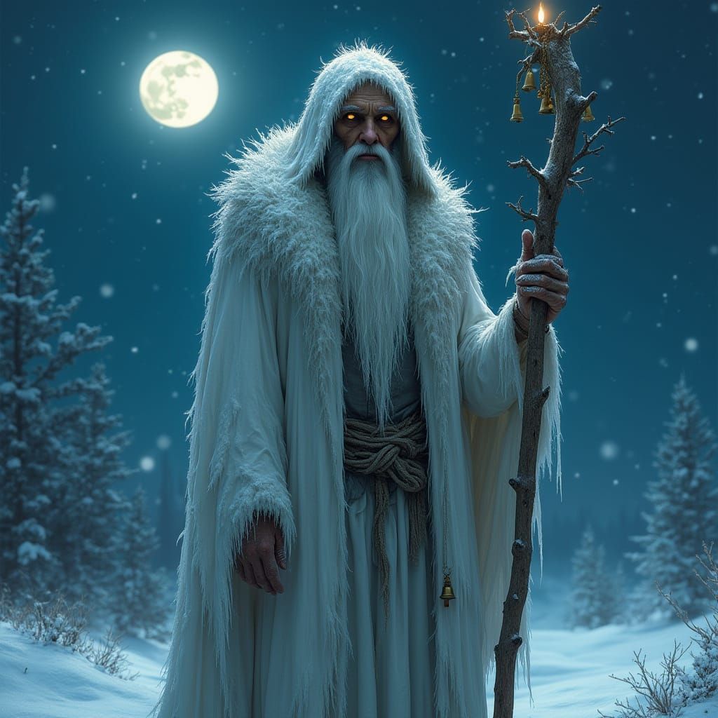 Winter Hermit with Icicle Crown in Snowy Landscape