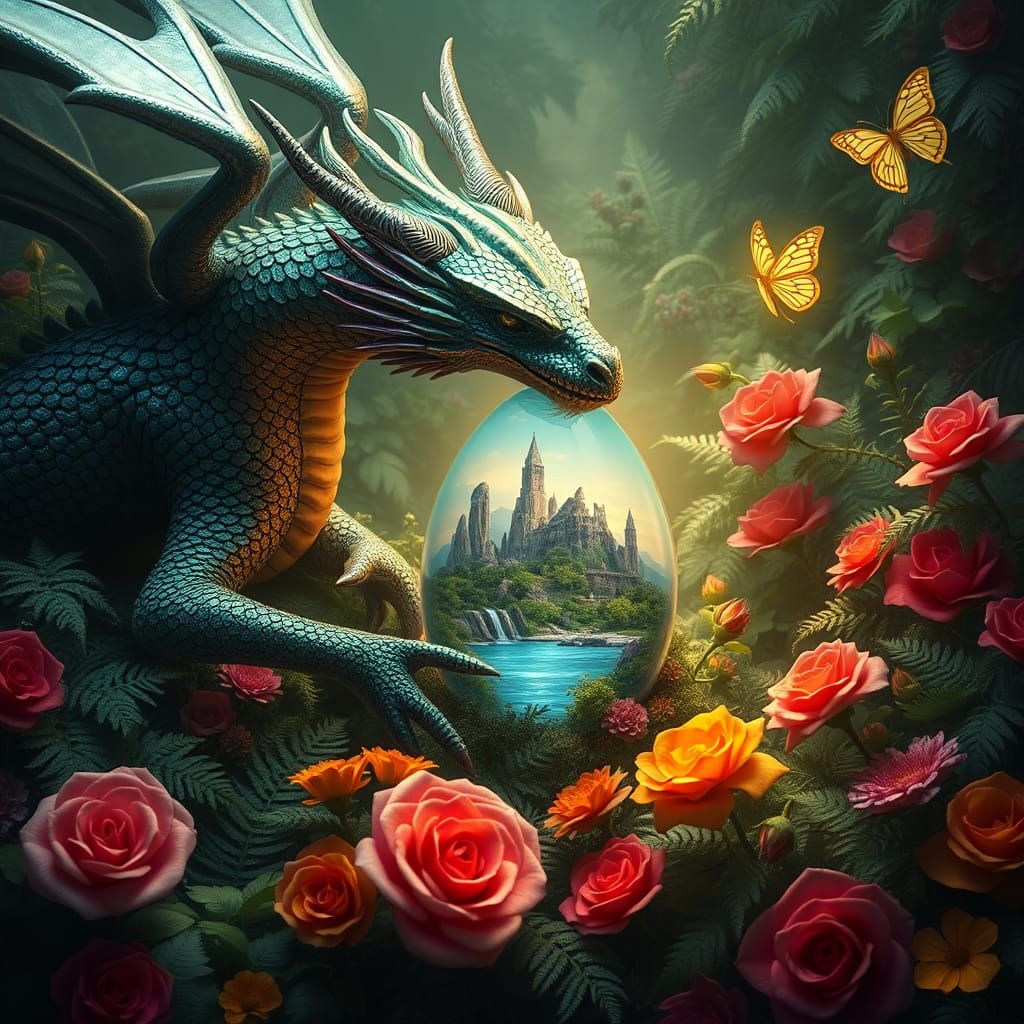 Majestic Dragon Cradling Glass Egg with Miniature Landscape