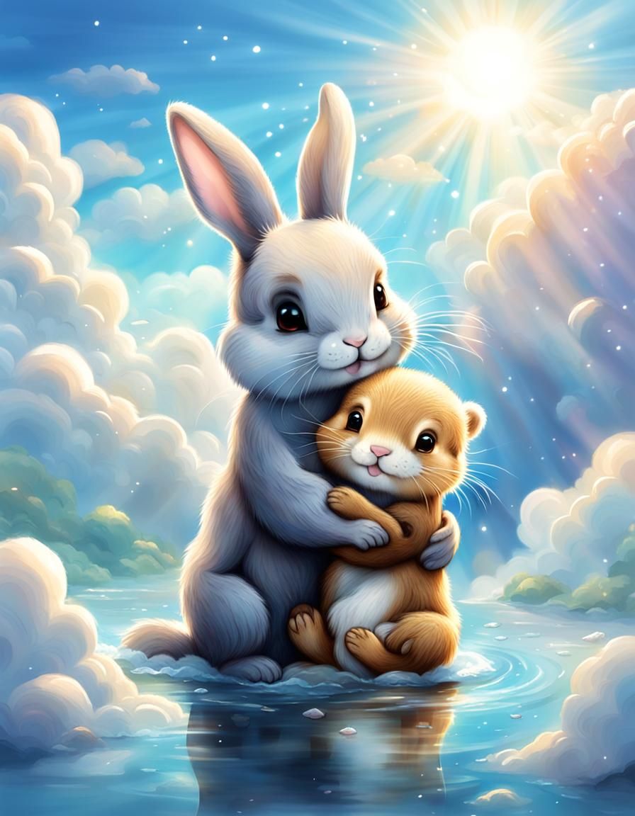 Rabbit Hugs Otter in Divine Sunshine