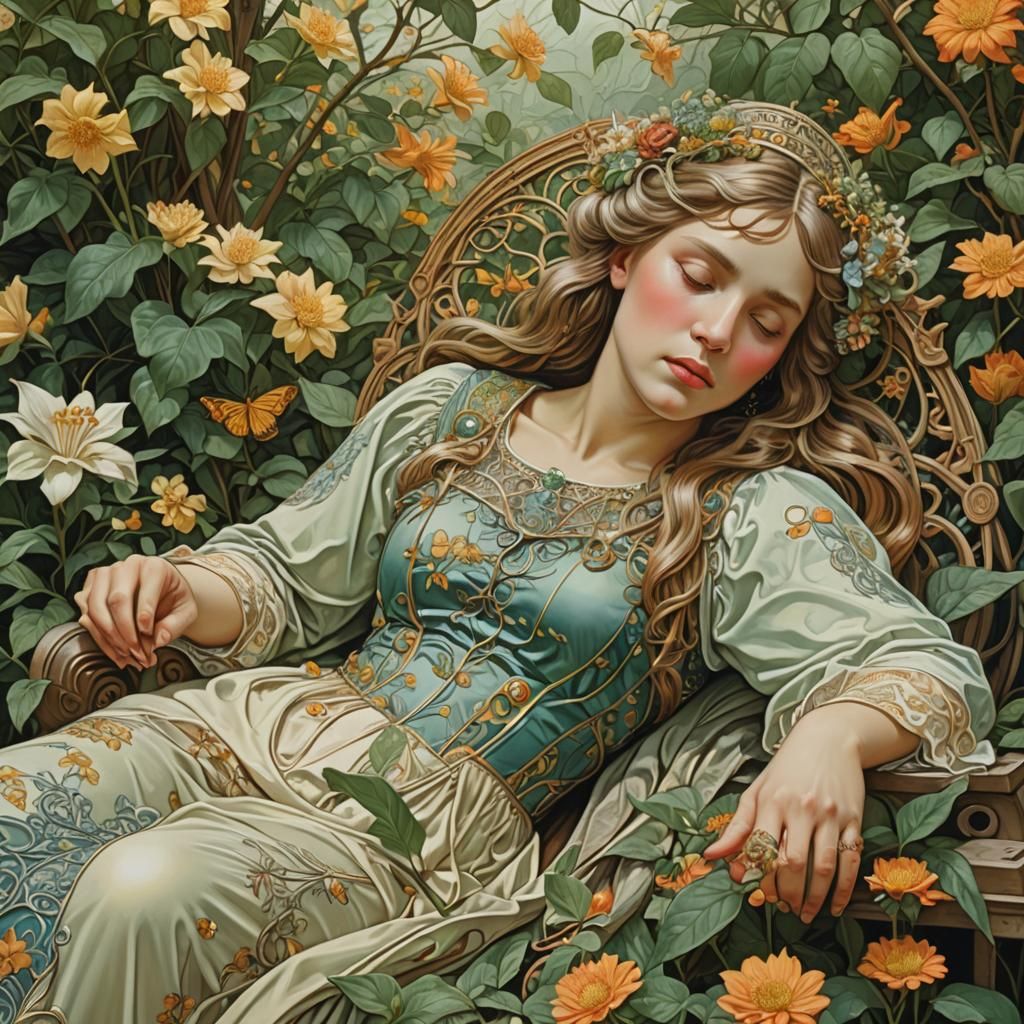 Serene Nouveau Lady Resting in a Garden