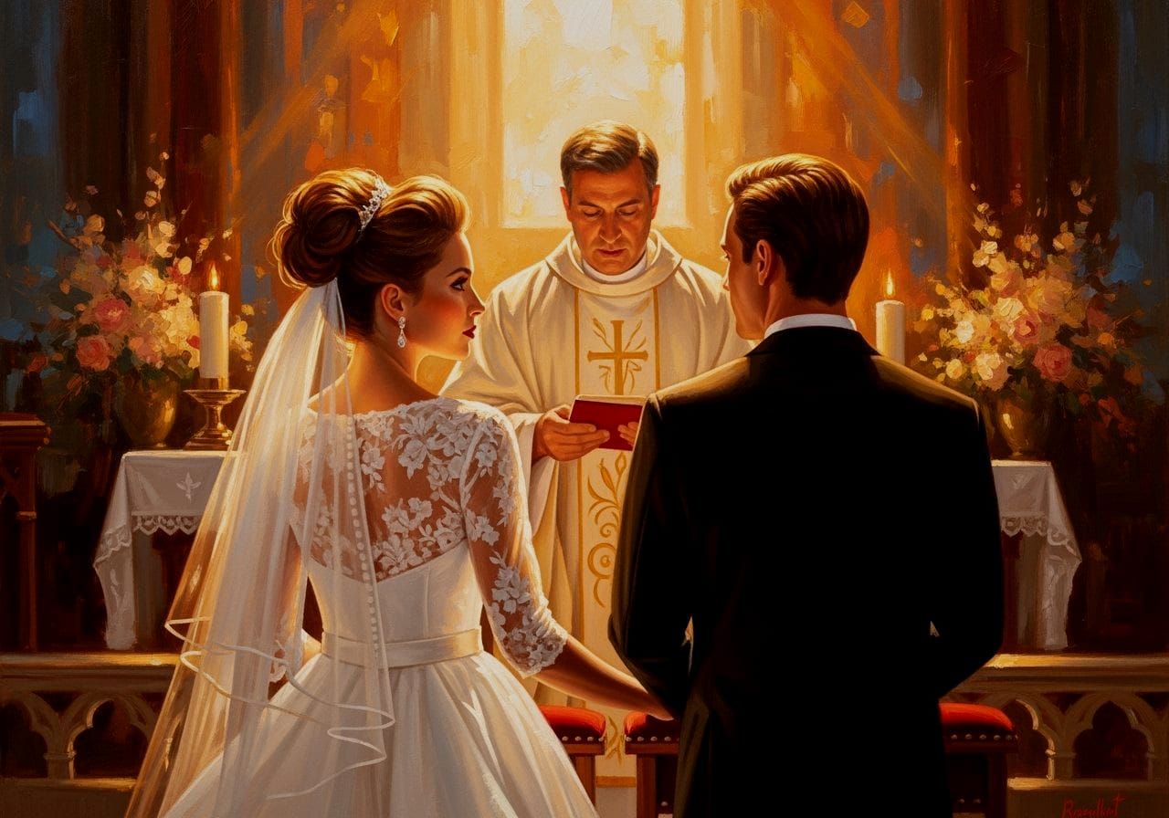 Romantic Oil Painting of Couple at Altar