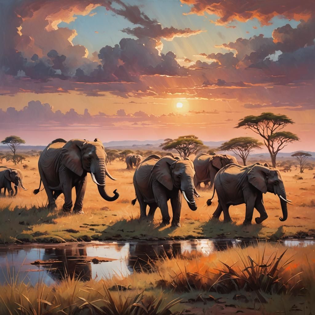 African Sunset: Elephants in a Golden Savannah