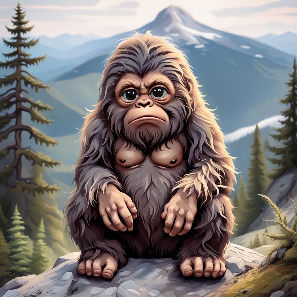 Sad Little Bigfoot in a Mountain Landscape