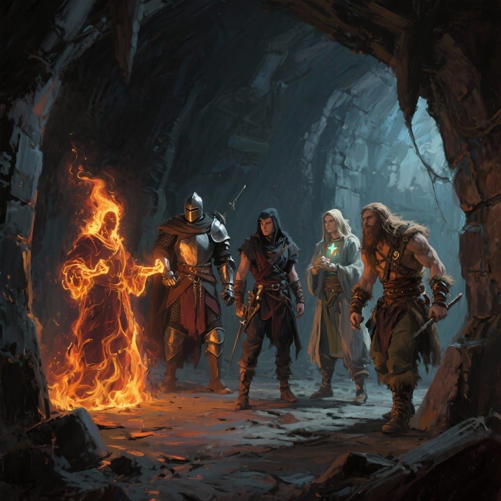Explorers in Fiery Dungeon, Impasto Art Style