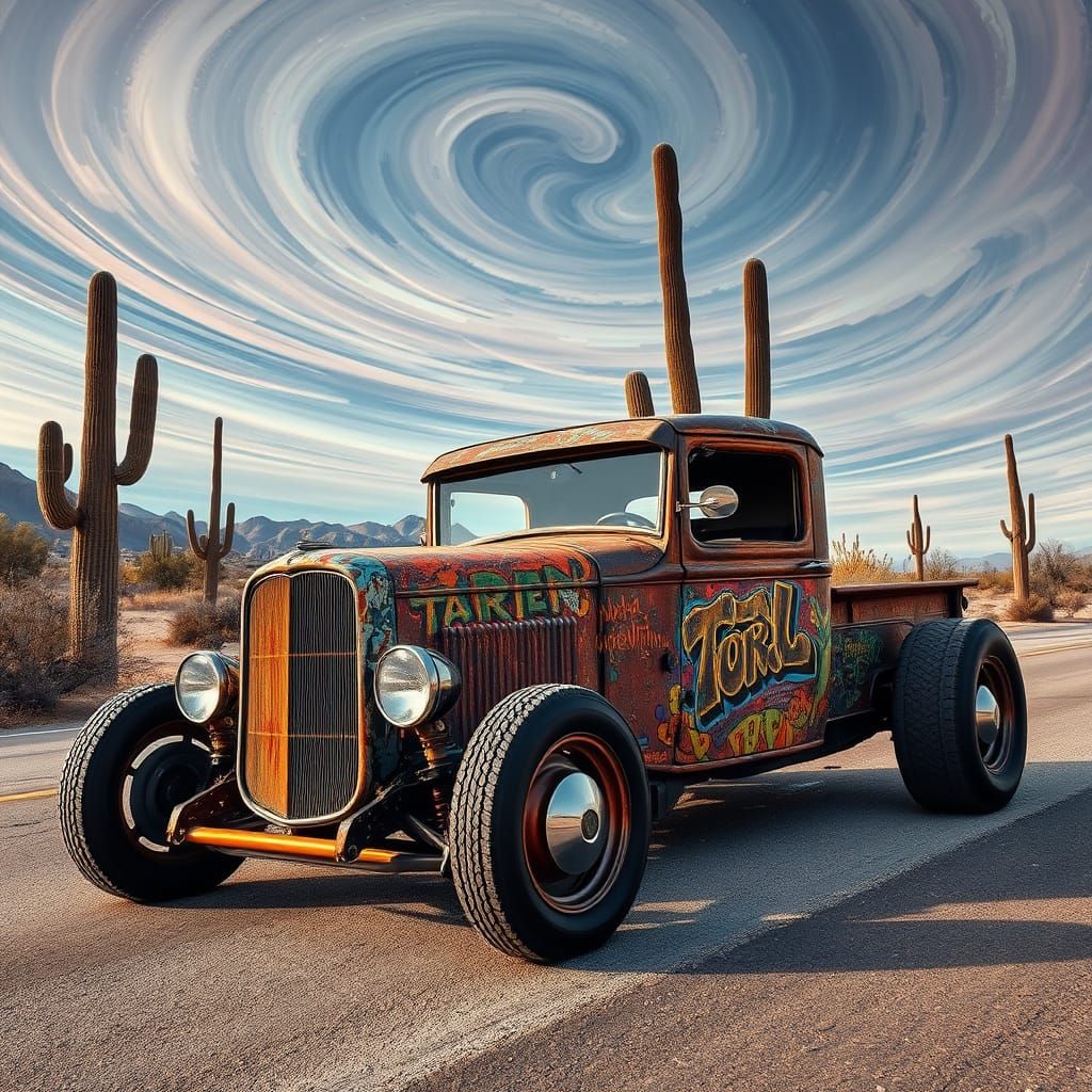 Surreal Desert Ratrod Masterpiece in Vibrant Graffiti Style