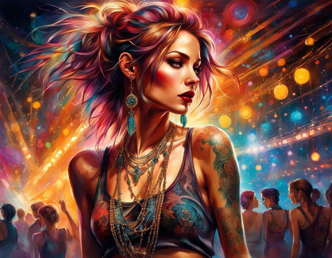 Tattooed Woman Dancing in Nightclub with Disco Lights