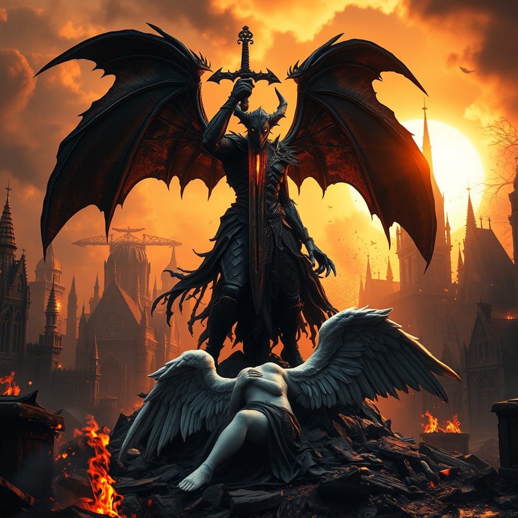 Dark Demon Lord Triumphs Over Fallen Angel in Gothic Citysca...