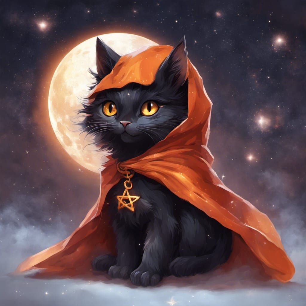 Magical Black Kitten Conjuring Spells at Night