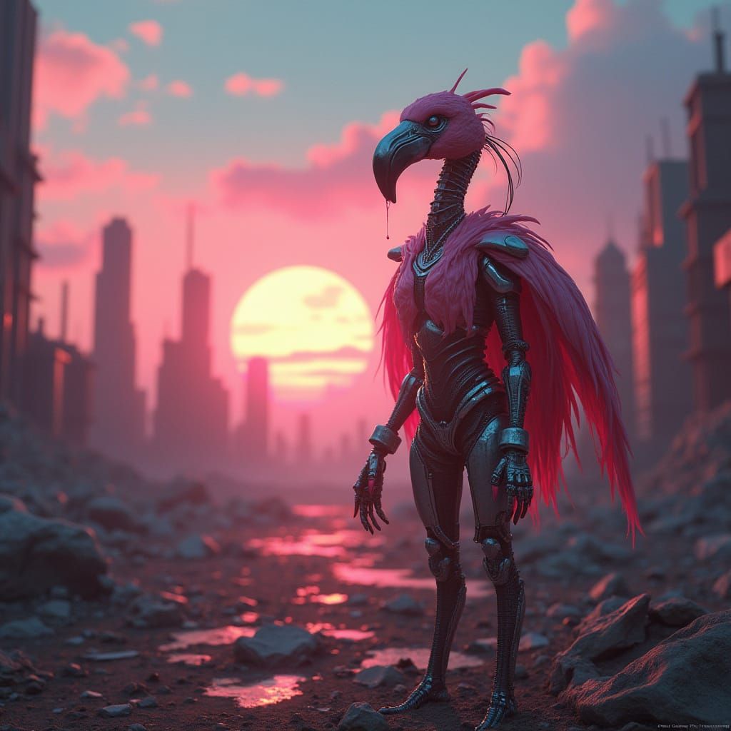 Cinematic film still. A flamingo cyborg stands on a cyber-pl...