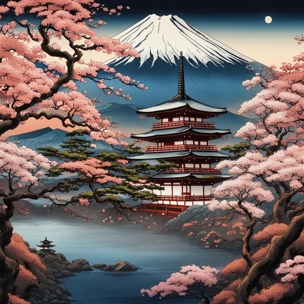 Ukiyo-e Mount Fuji Cherry Trees in Bloom