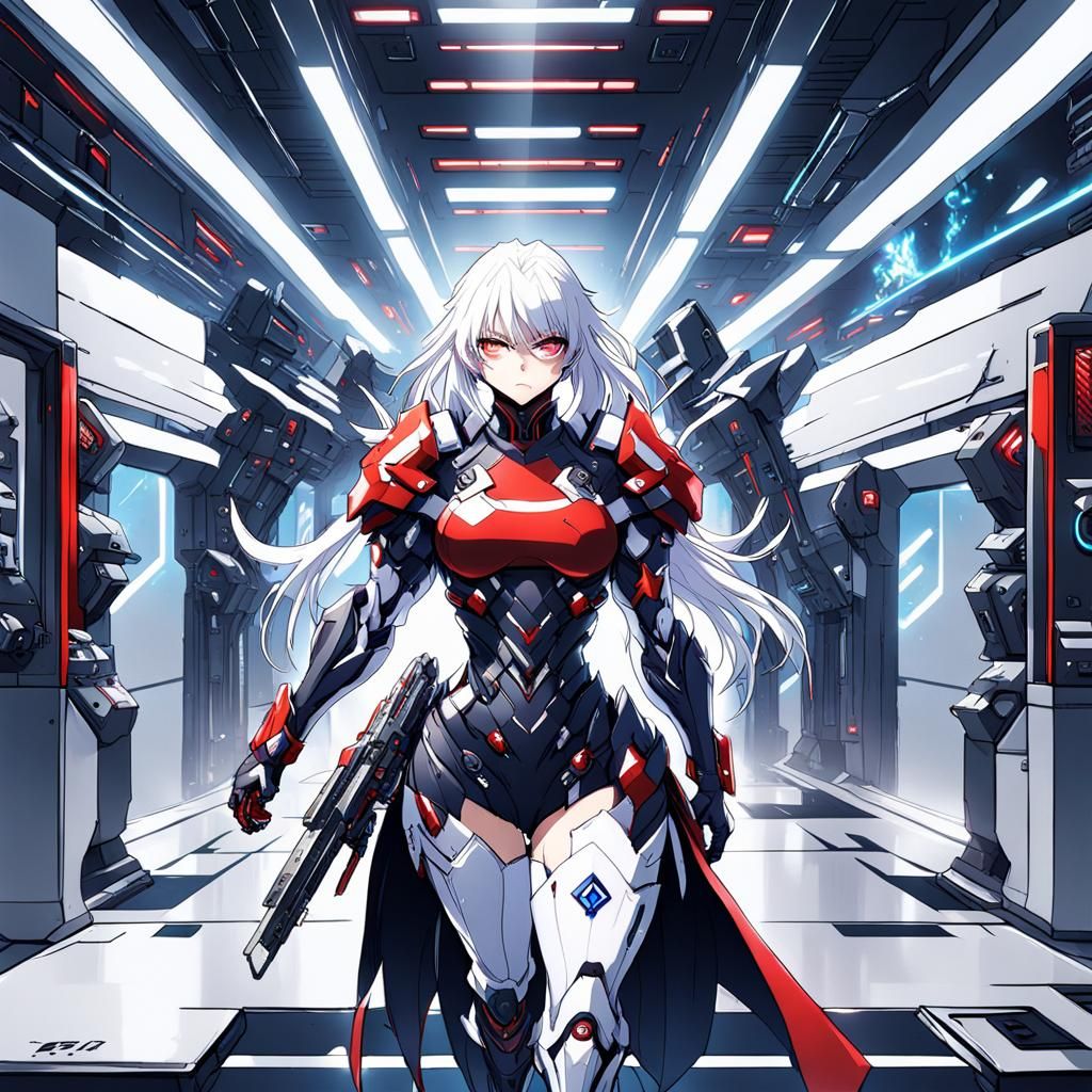 Muscle Cyborg Girl in Futuristic Lab, Anime Style