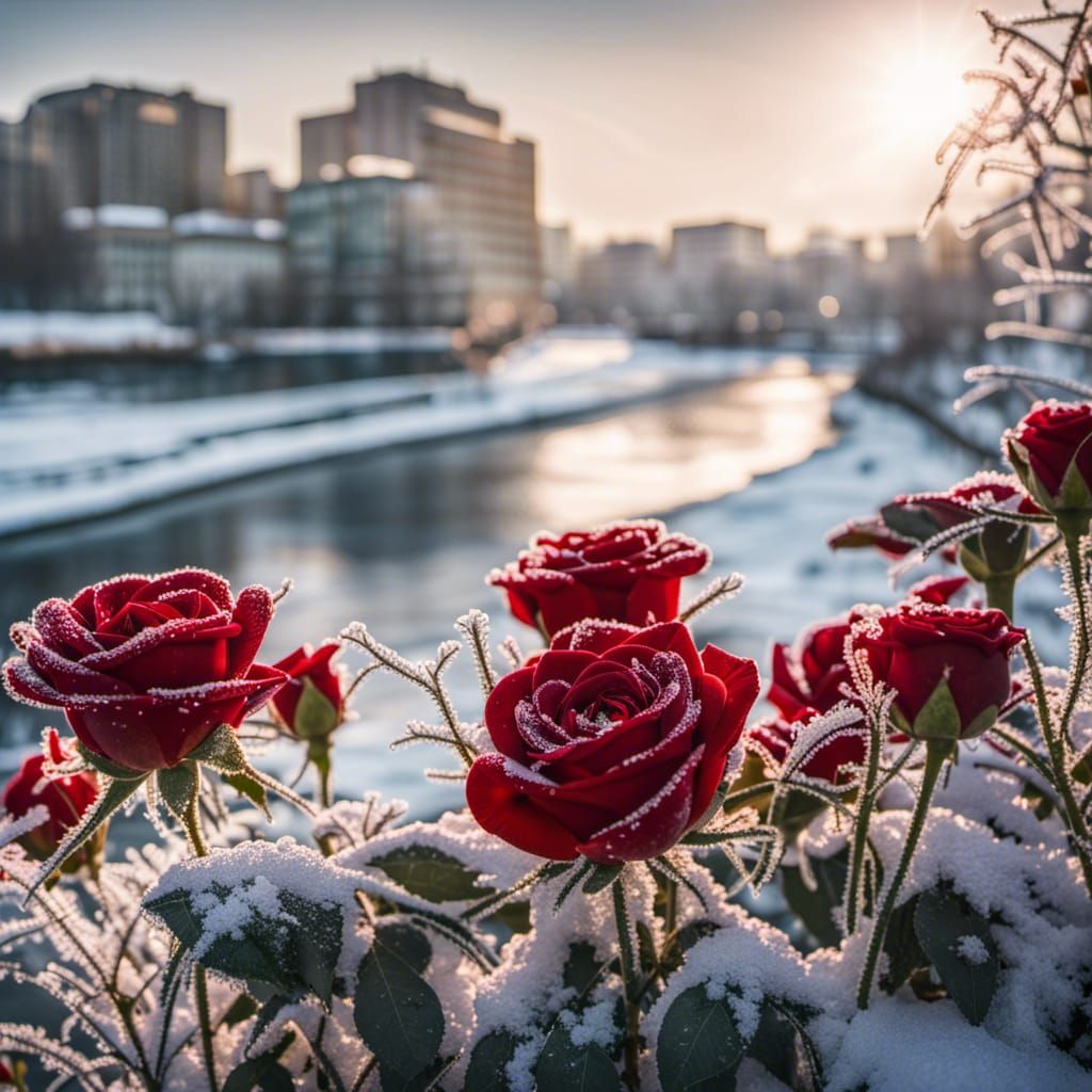 Icy Flower Garden with Red Roses