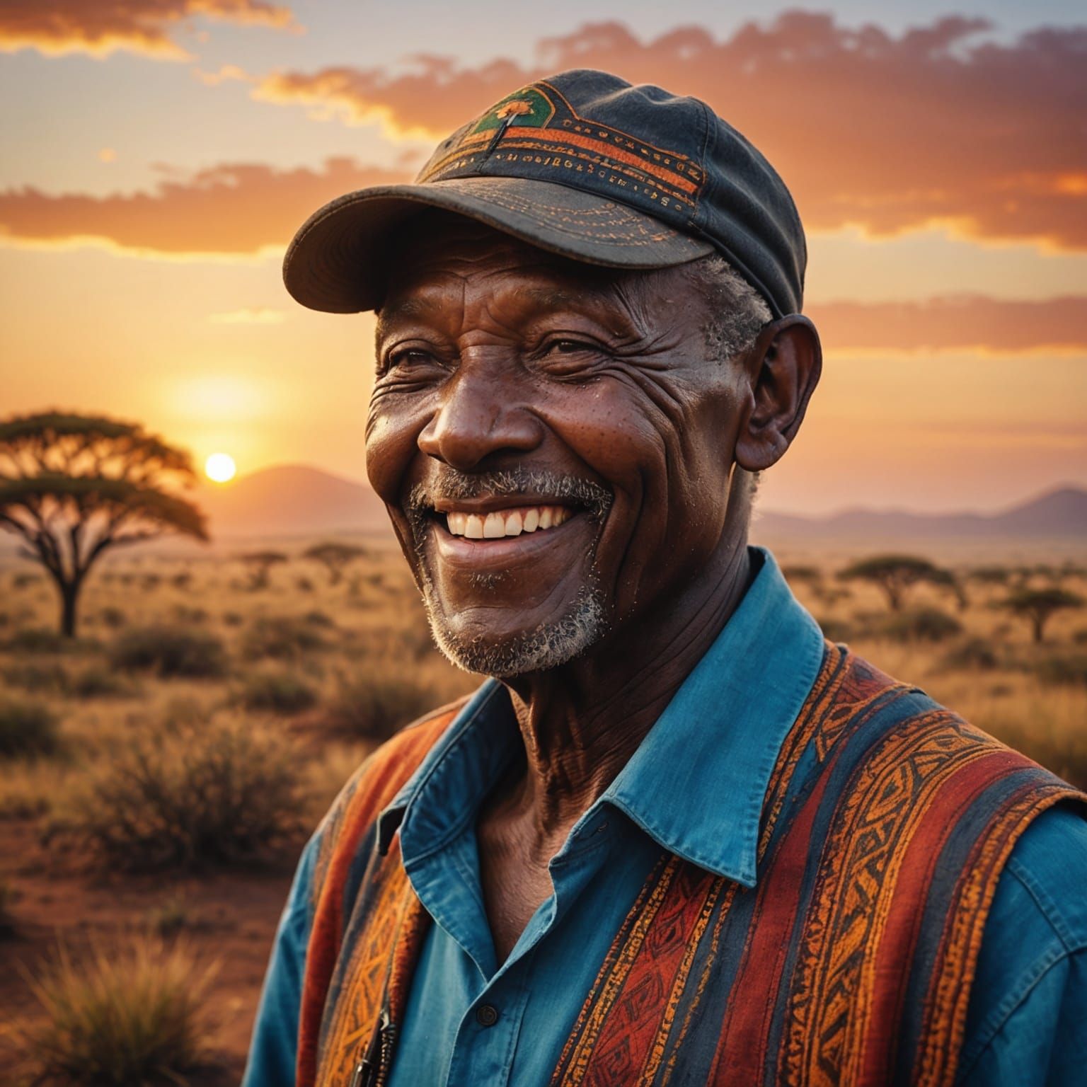 Smiling Kenyan Grandfather in Serengeti Sunset