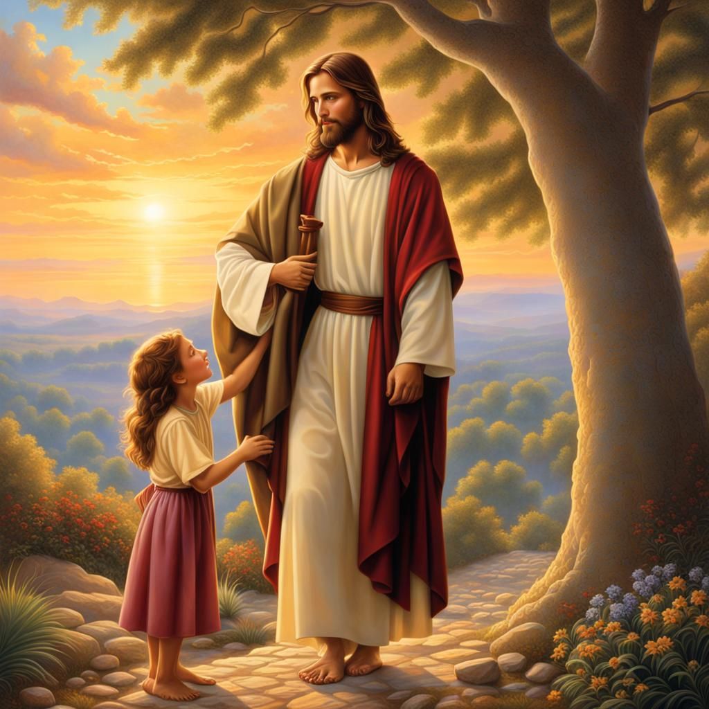 Jesus Helping Girl: Evocative Religious Portrait