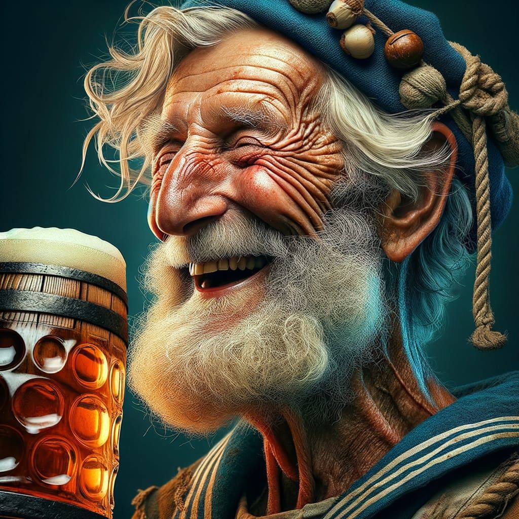 Elderly Sailor Enjoys Grog in Dramatic Lighting