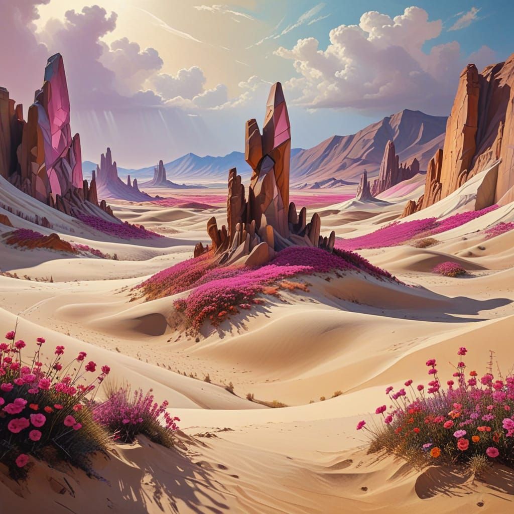 Surreal Desert Bloom with Petal Towers