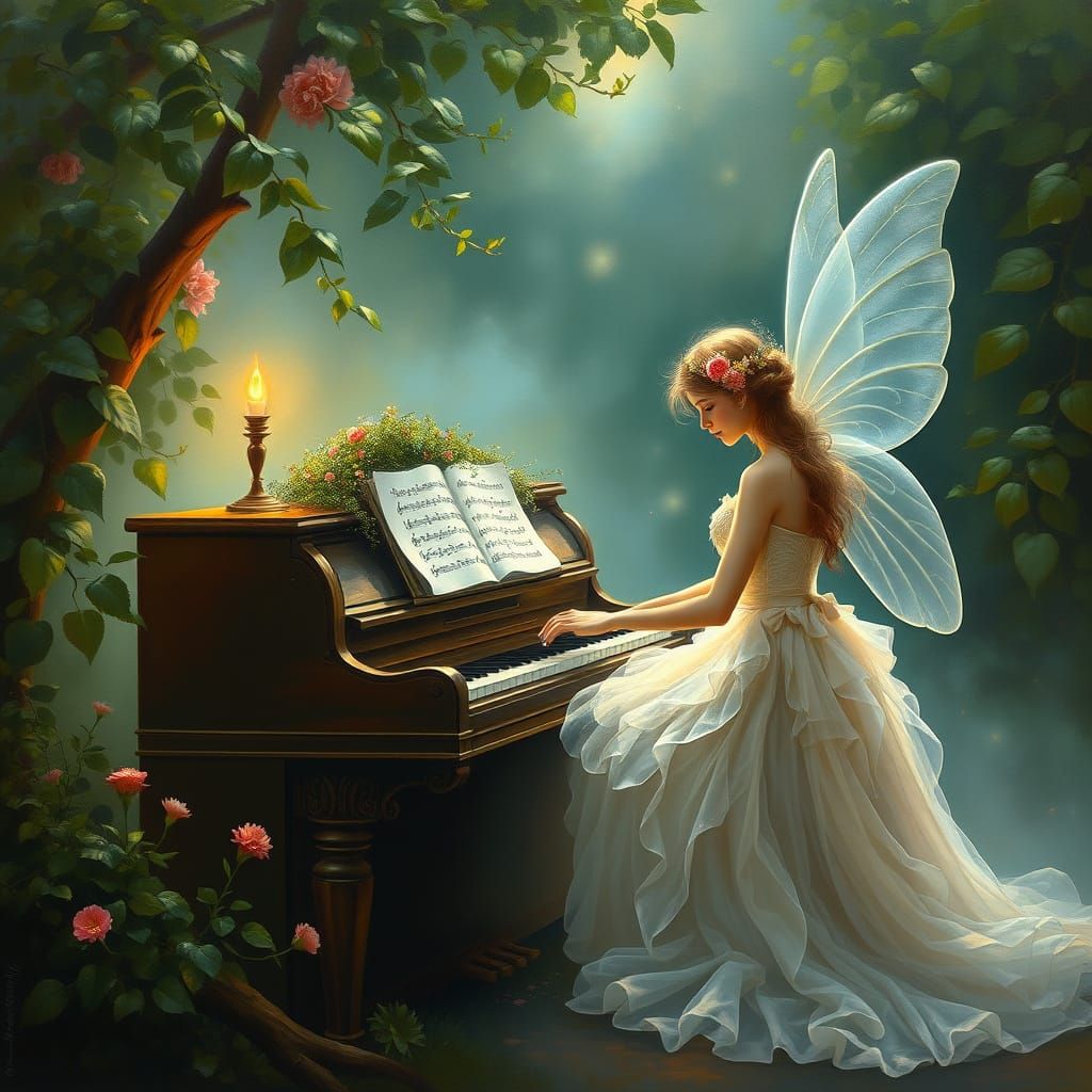 Piano Fairy Plays Delicate Melody in Forest