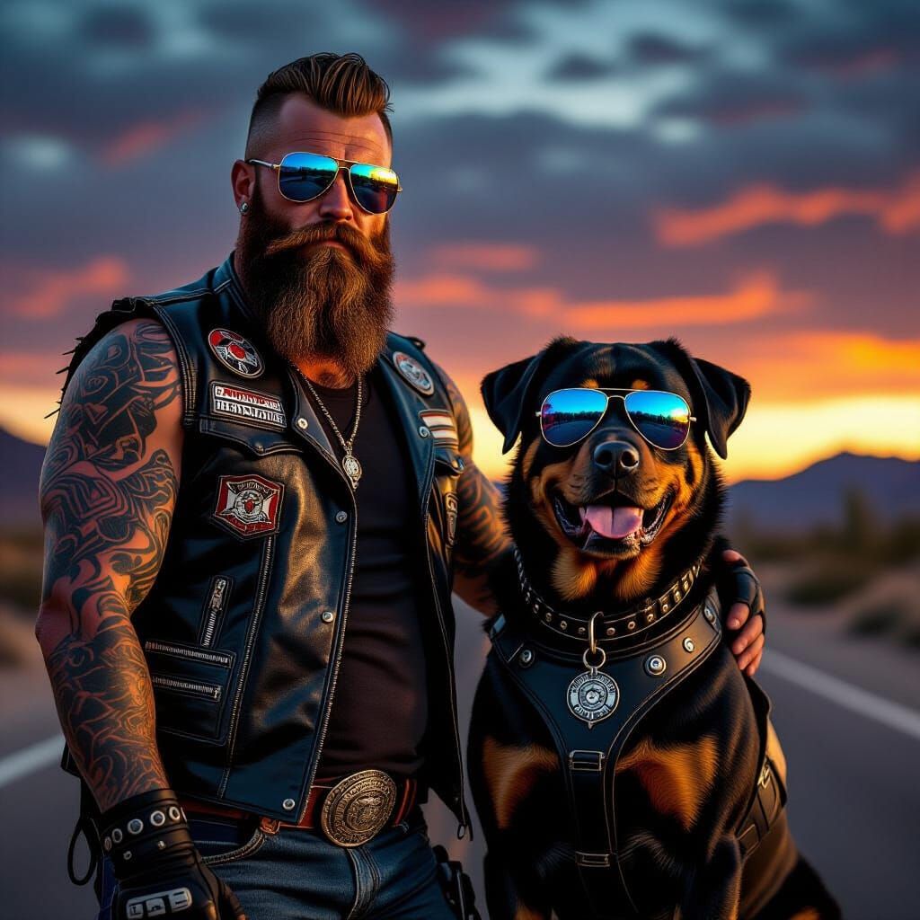 Biker and Rottweiler Bond on Desert Highway