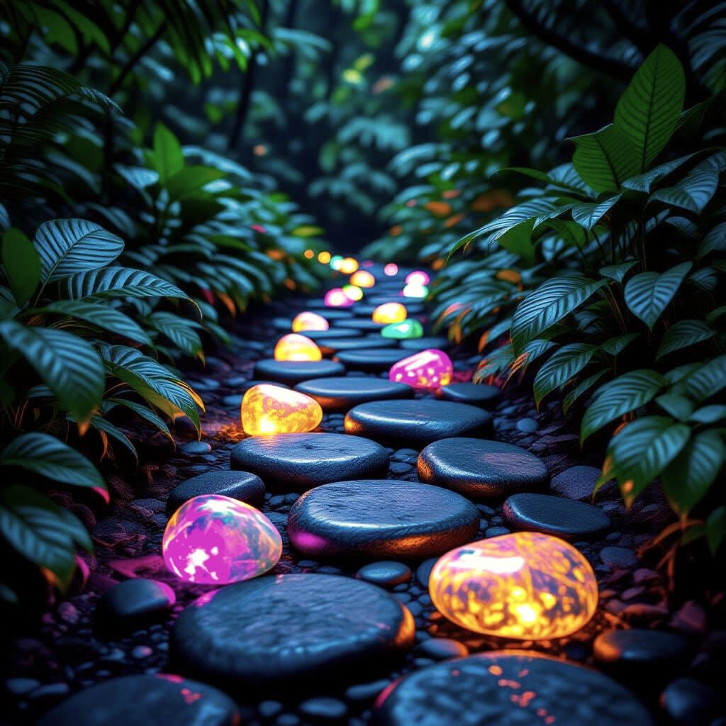 Glowing Stones Path Into Colorful Jungle