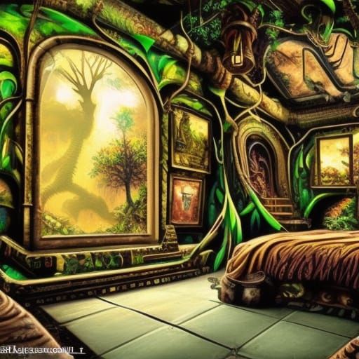 Steampunk Bedroom with Jungle Overgrowth, Detailed Matte Pai...