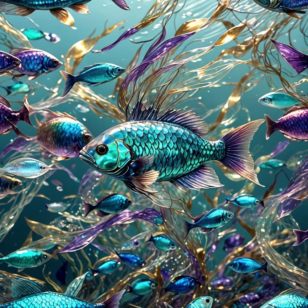 Iridescent Glass Fish Swimming in Turquoise Sea