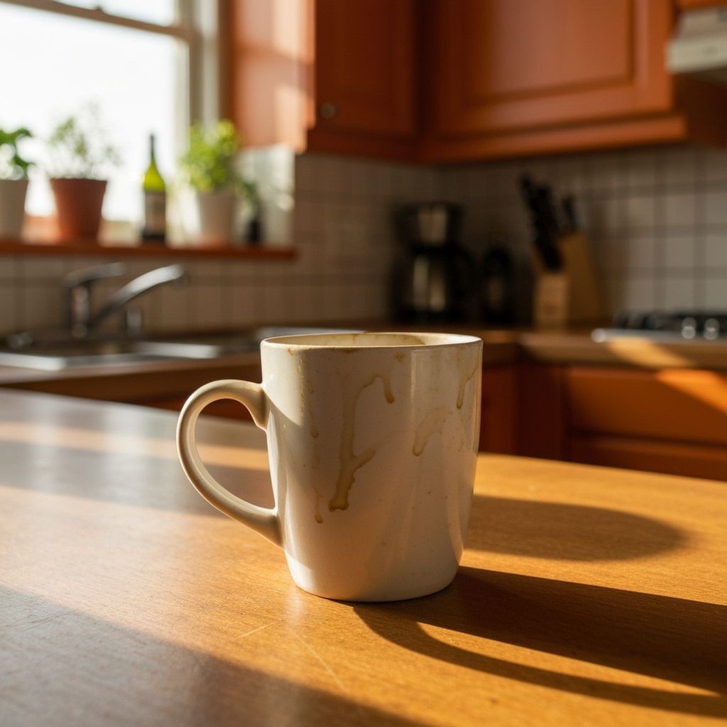 Close-Up of Tea-Stained Mug in Warm Kitchen Light