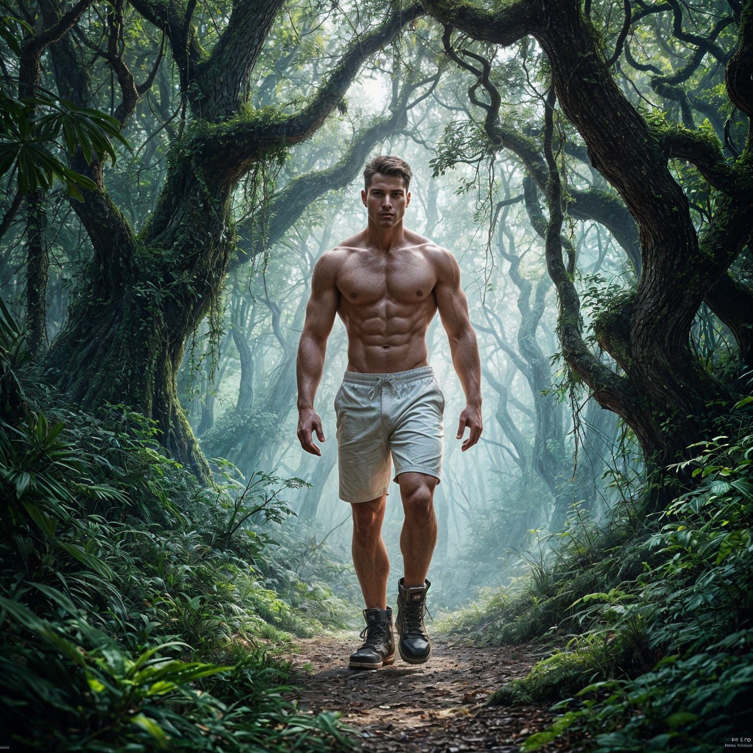 Shirtless Man in Forest: Detailed Matte Painting