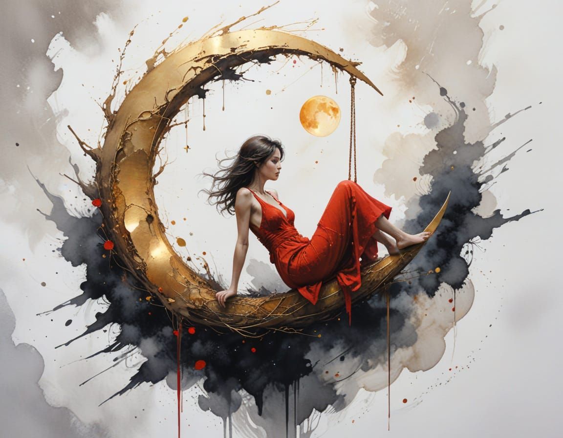 Whimsical Moonlit Swing Scene in Stylized Watercolour