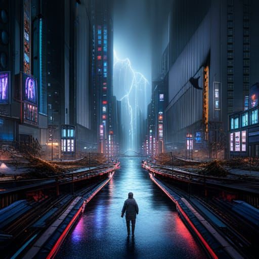 Cyberpunk Cityscape: Raining on a Broken Bridge