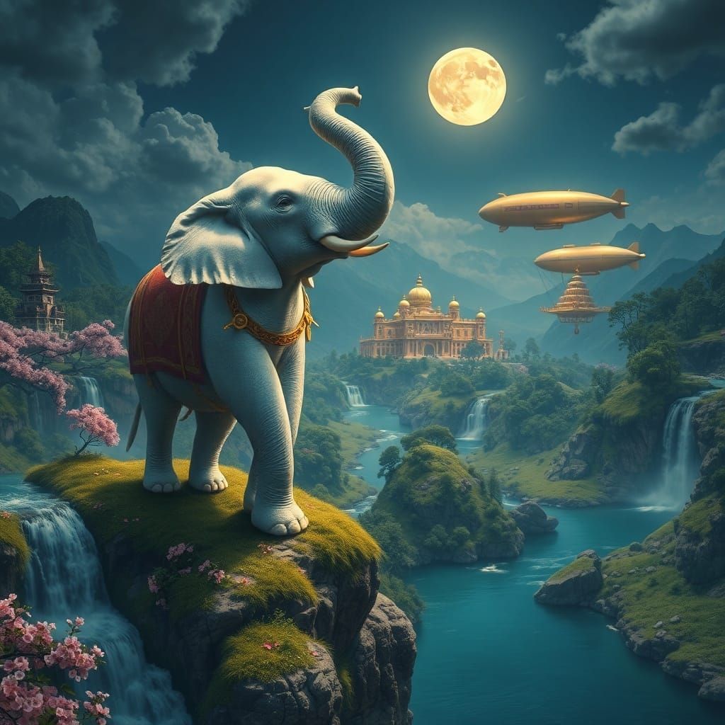 White Elephant on Mountain Peak Under Moonlight