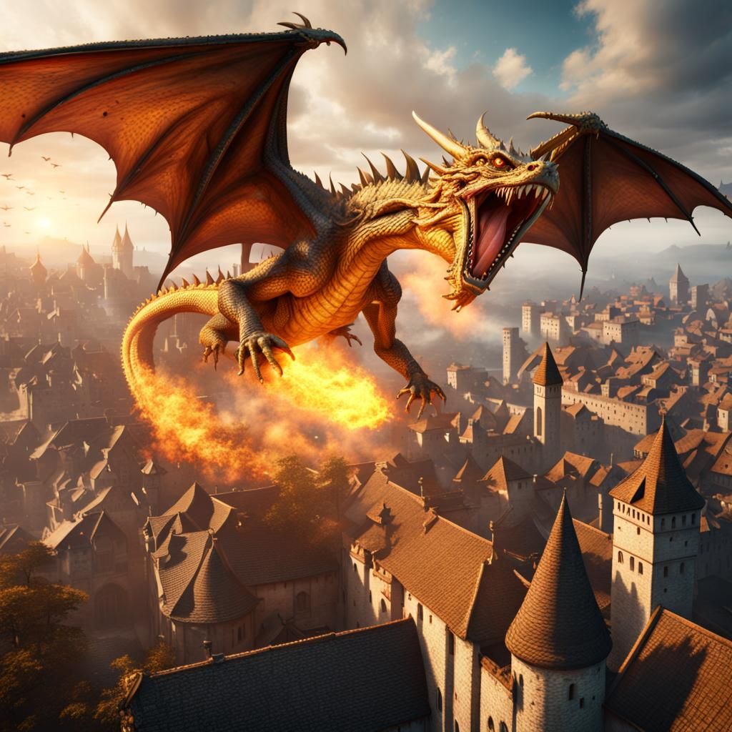 Golden Dragon Attacks Medieval City: Fantasy Concept Art