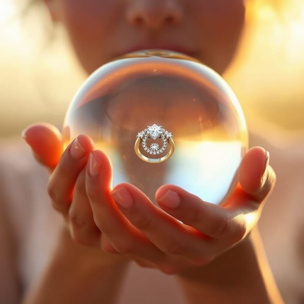 Diamond Ring in Glass Sphere, Golden Hour Lighting