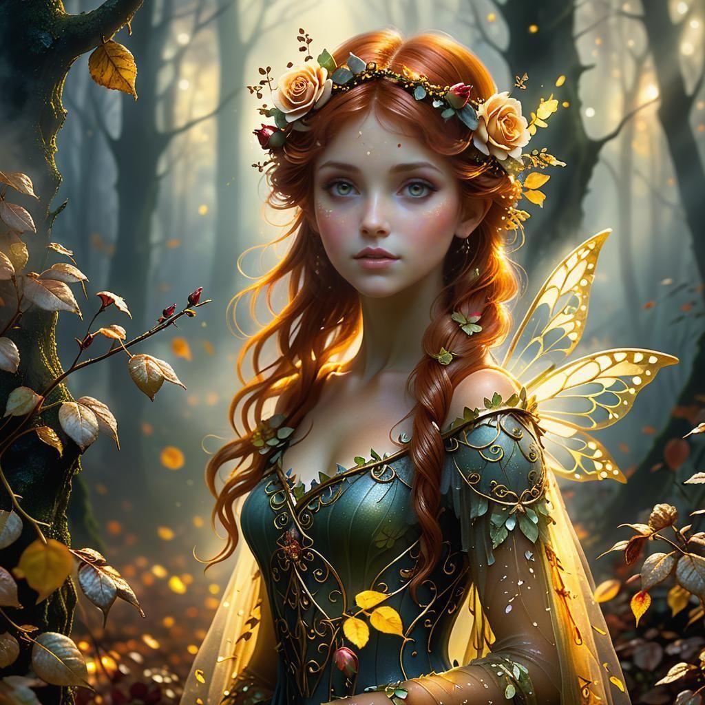 Ethereal Auburn Rose Fairy in Fantastical Autumn Landscape