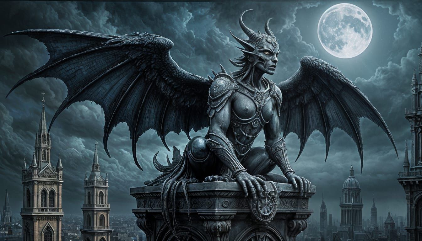Gothic Clockwork Gargoyle on Victorian Skyscraper