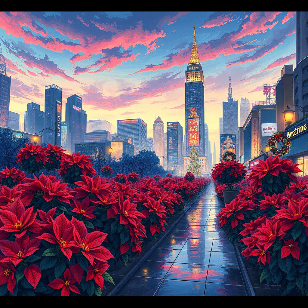 Poinsettia Cityscape at Dusk in Anime Style