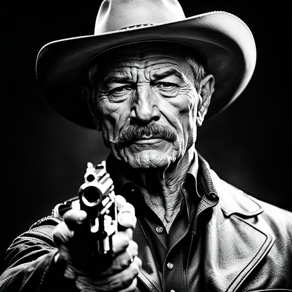 Charles Bronson Portrait with Cowboy Hat in Black and White