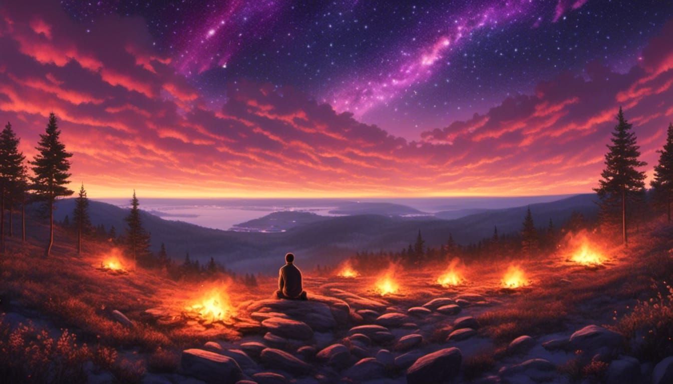 Man Overlooking Sea of Fire Lights