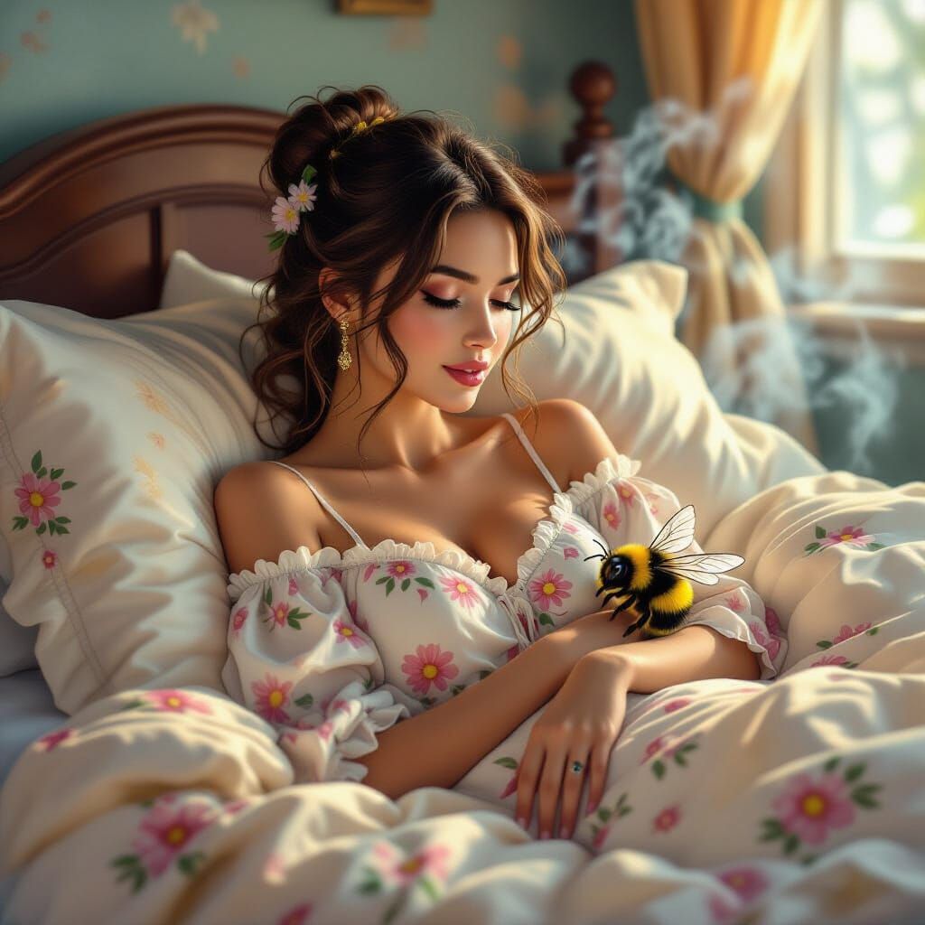 Dreamy Bumblebee Woman in Cozy Bed, Hyperrealistic Style
