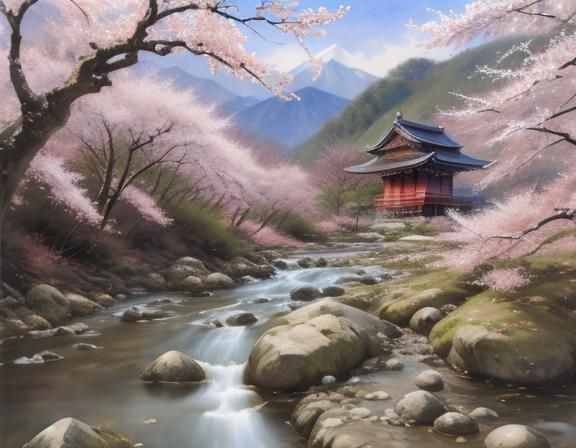 Sakura Blossoms by Stream: Watercolor Japanese Landscape