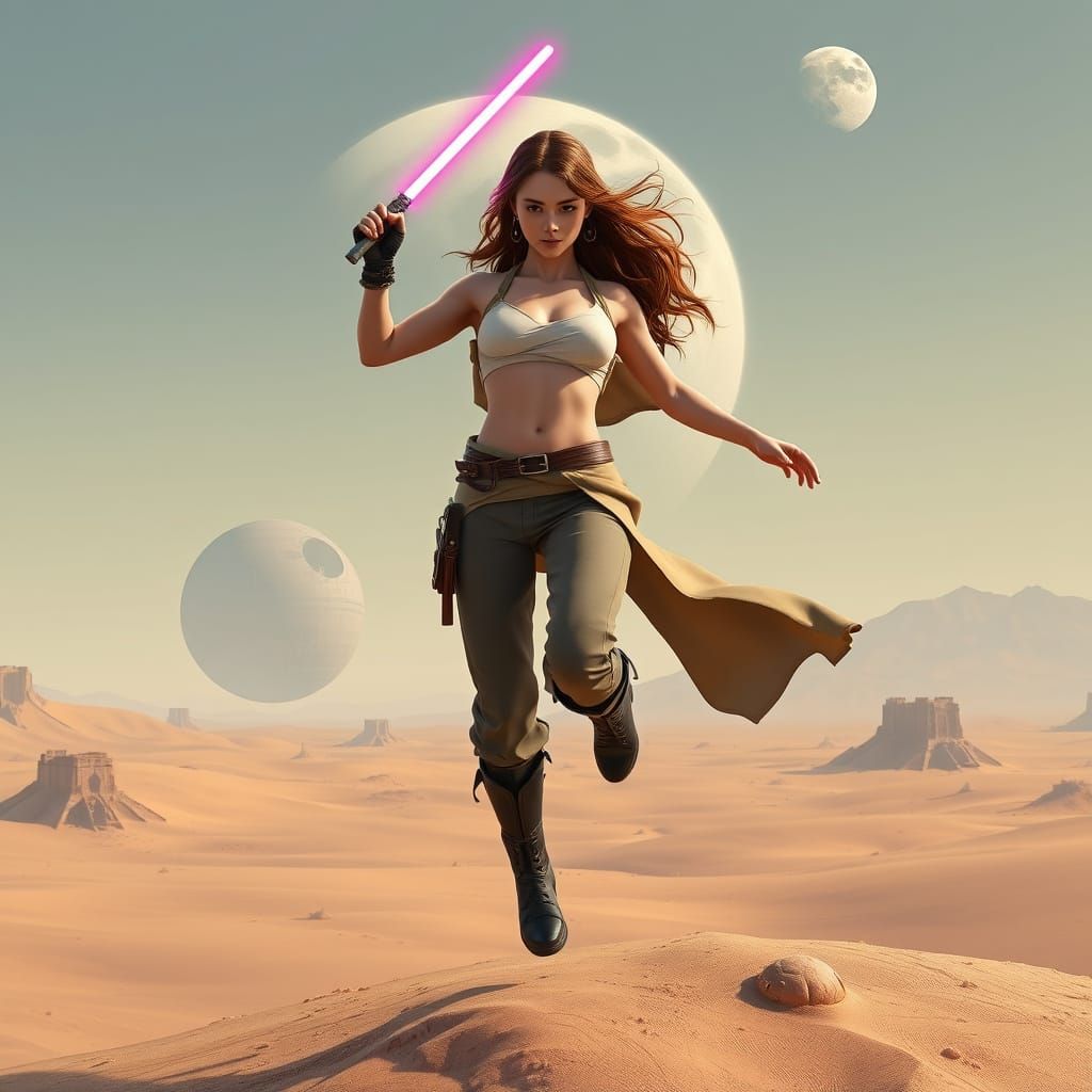 Jedi Leaps on Tatooine with Lightsaber: 3D Anime Art
