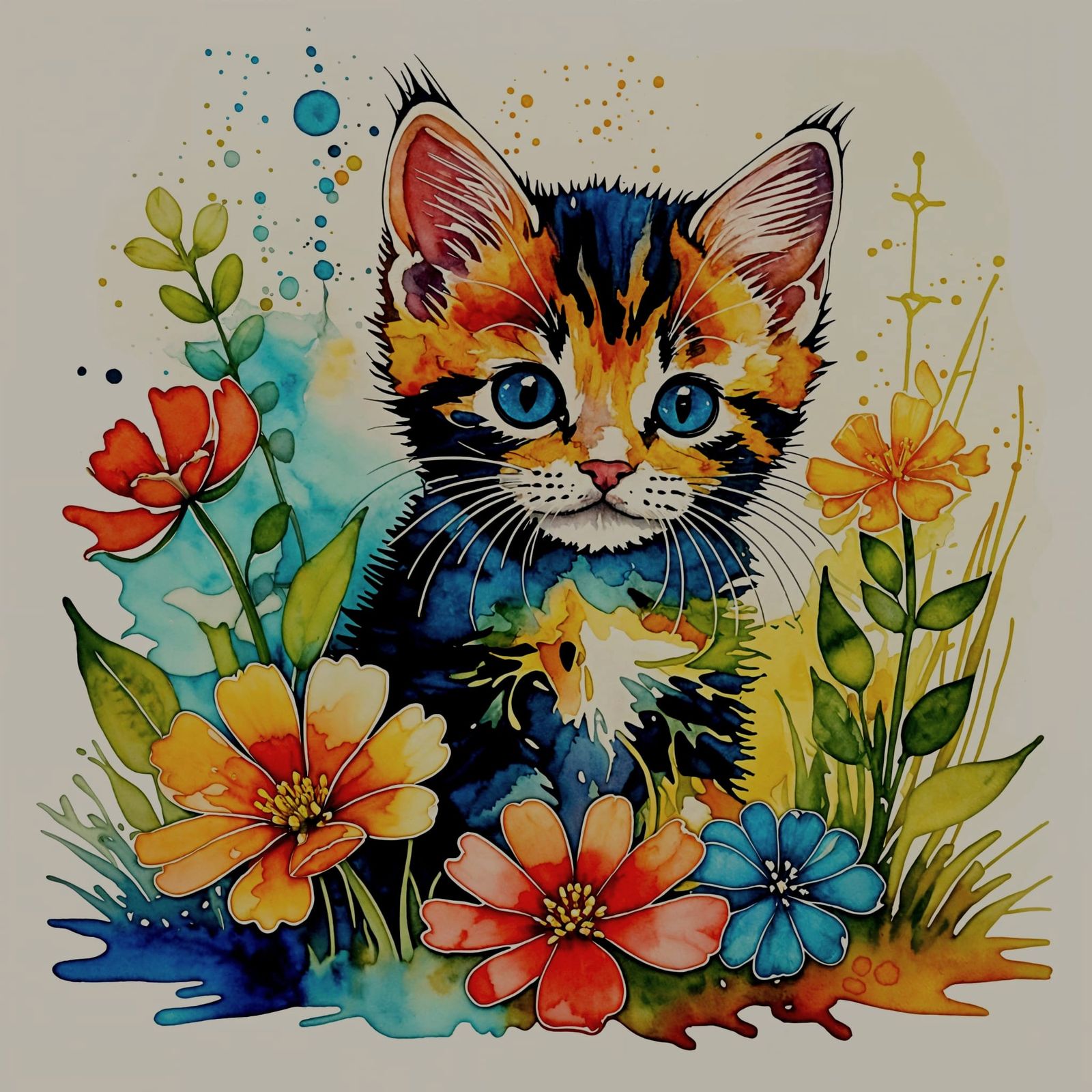 Adorable Kitten Double Exposure in Garden Watercolor