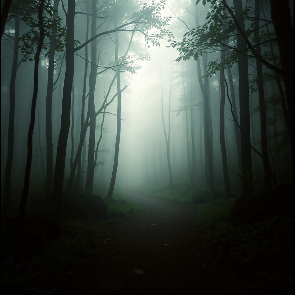 Mysterious Forest Path in Cinematic Fog