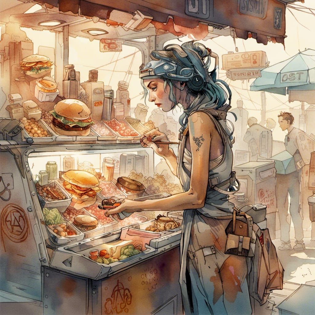 Cyberpunk Woman at Sci-Fi Market Food Cart