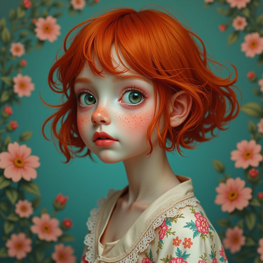 Ginger-Haired Girl in Floral Pajamas: Digital Art
