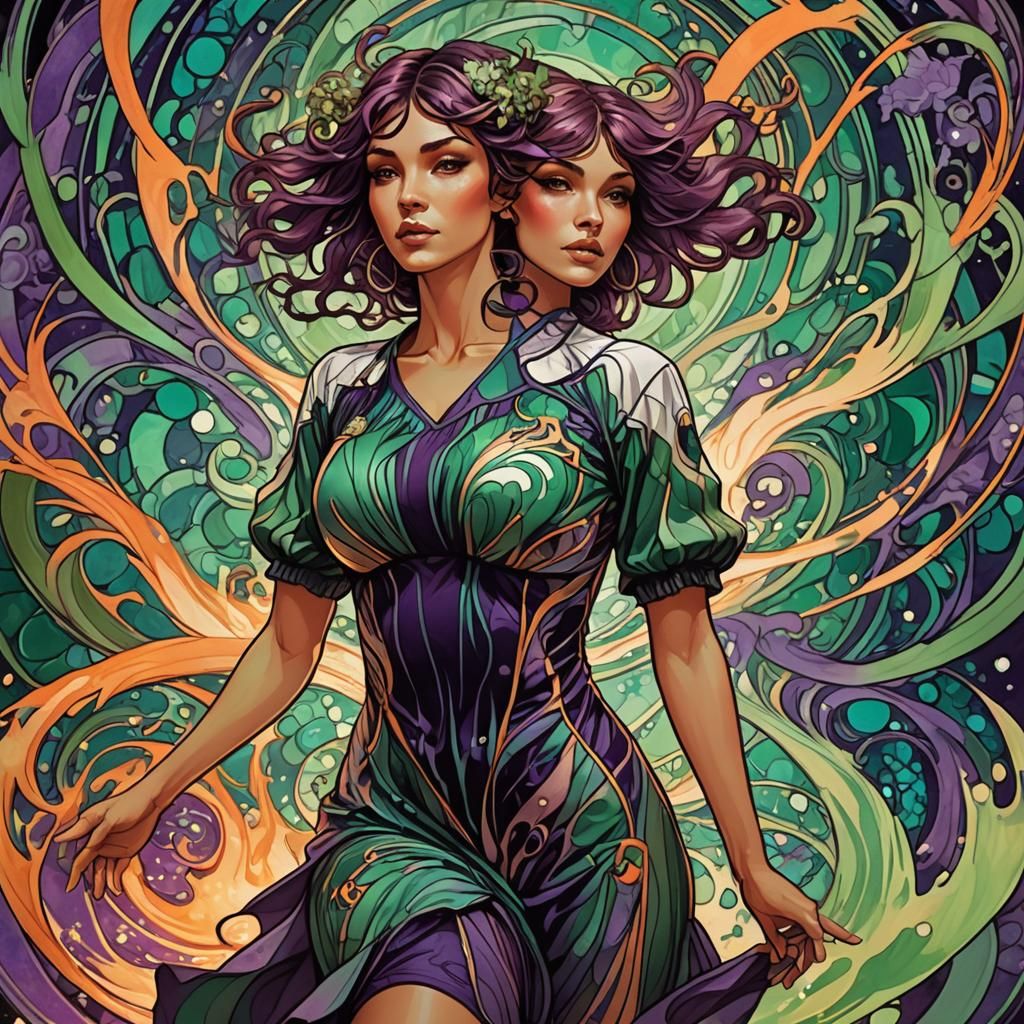 Art Nouveau Model in Flames, Greg Rutkowski Style