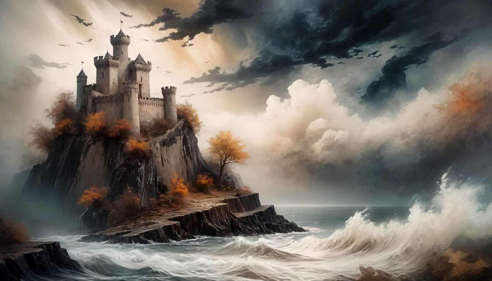 Stormy Seas Besiege Ancient Coastal Fortress as Sfumato Pain...