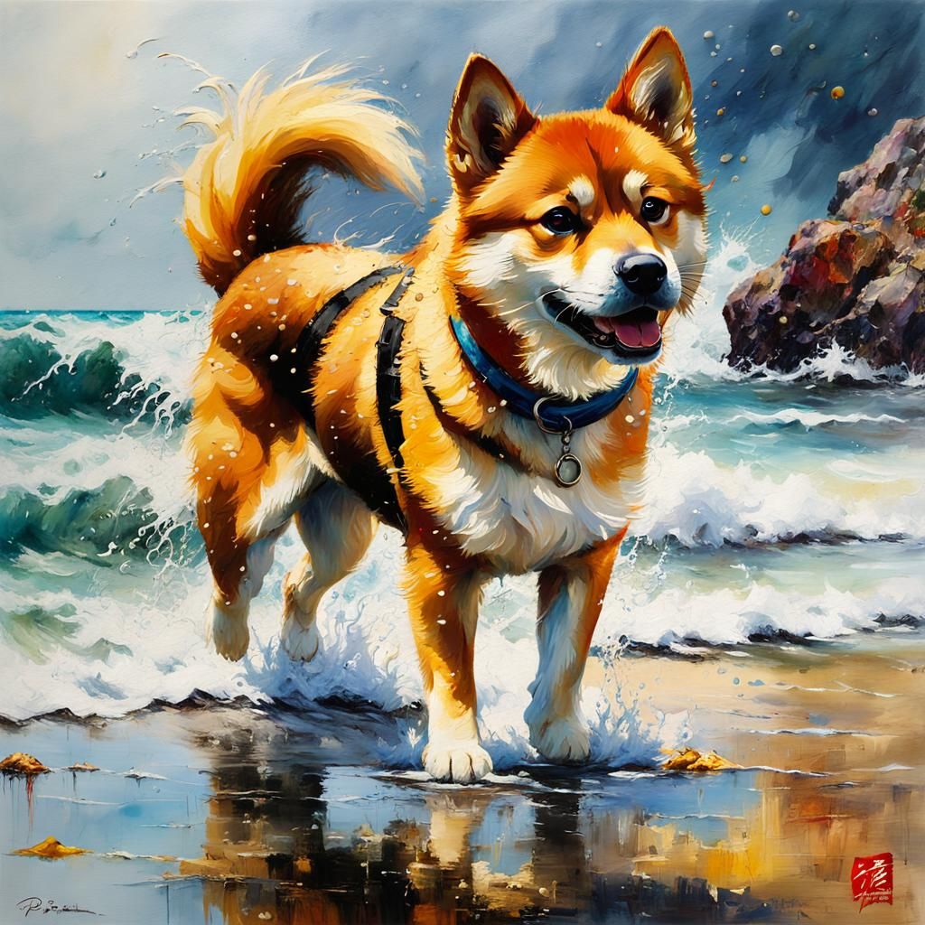Joyful Shiba Dog on Stormy Beach, Encaustic Painting