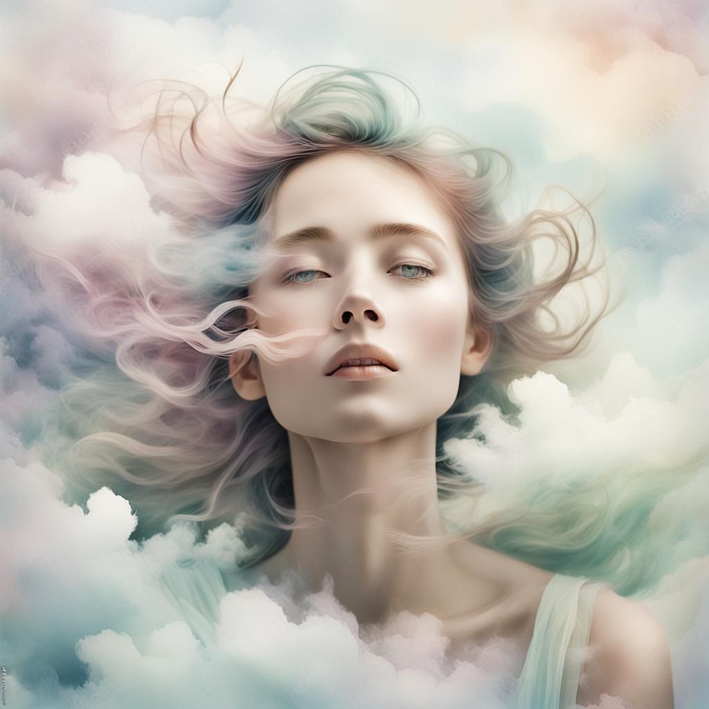 Ethereal Woman Emerges from Cloud in Dreamy Surrealism